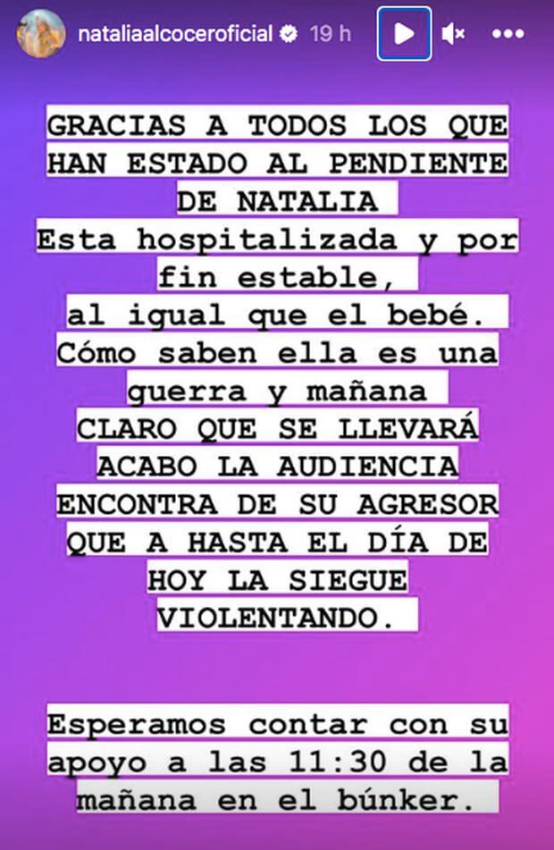 Captura de pantalla de la historia de Instagram de Natalia Alcocer donde actualizan sobre su estado de salud (Foto: Natalia Alcocer / Instagram)