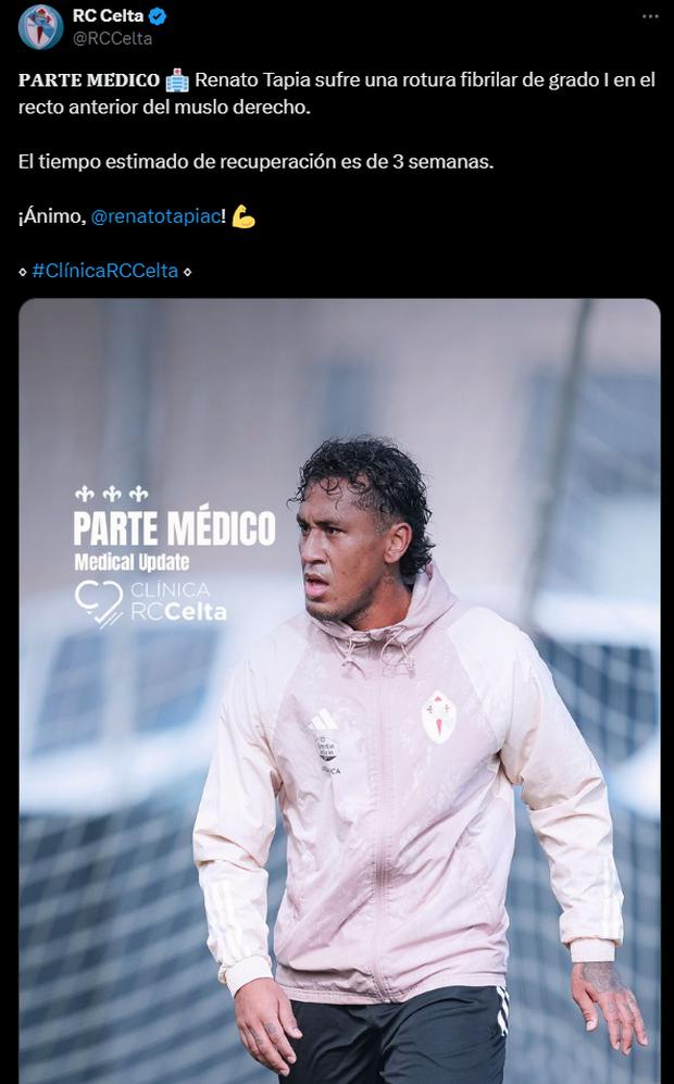 Renato Tapia y el parte médico de Celta de Vigo. (Foto: Twitter)