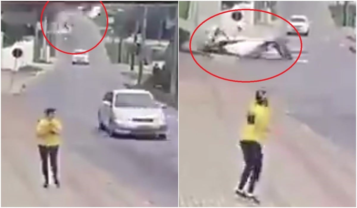 Espectacular momento en que avioneta se desploma en transitada calle de Brasil y mujer se salva de morir. (YouTube)