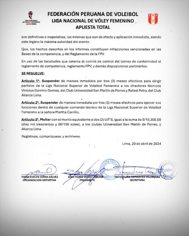 Tras gresca en la final de la LNSV: DT de Alianza Lima y San Martín suspendidos por 3 meses. (Captura: FPV)