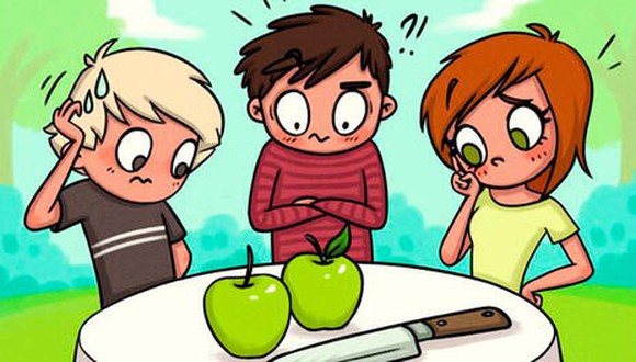 ¿Cómo cortar las manzanas para que sean tajadas iguales? El acertijo visual para ‘genios’. (Foto: Facebook)
