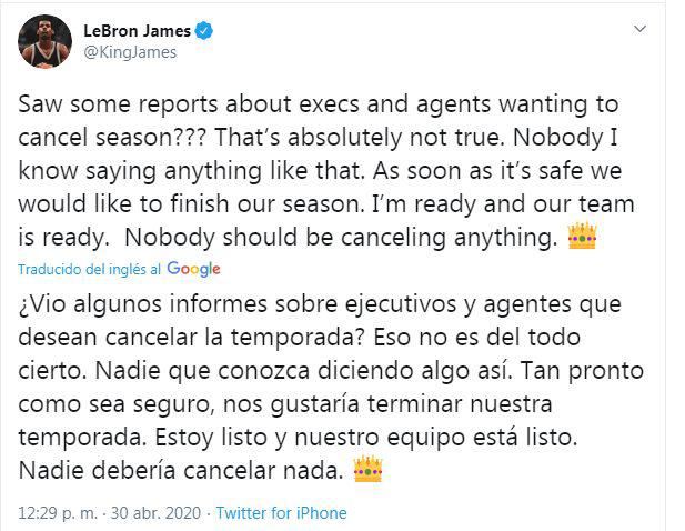 Descargo de LeBron James ante posibles rumores del fin de la temporada de la NBA por culpa del coronavirus. (Twitter)