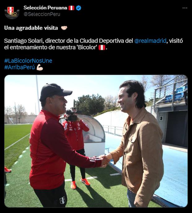 Santiago Solari visited the training of the Peruvian National Team at the Sports City of Real Madrid, a facility that he manages. (Photo: Twitter)