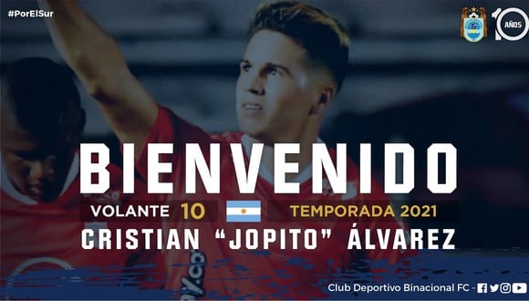 Cristian Álvarez es el nuevo fichaje de Binacional para la temporada 2021. (Foto: Twitter)