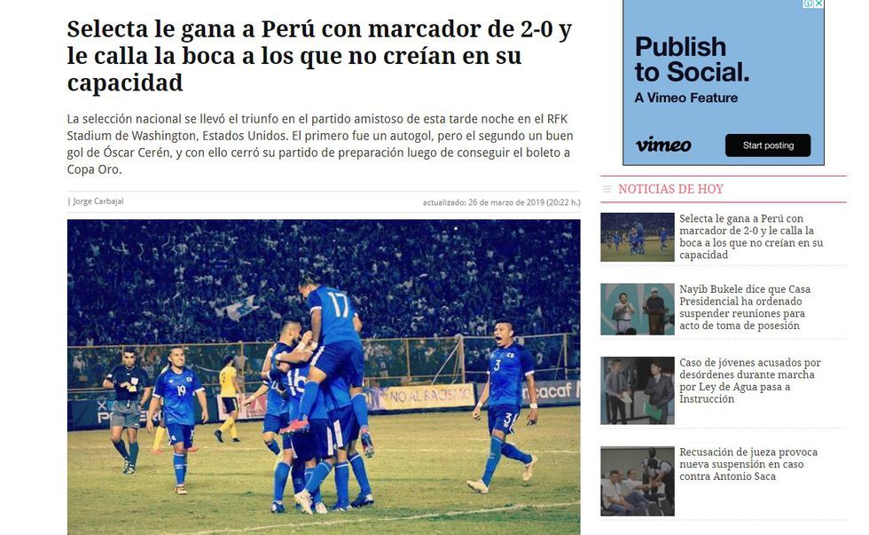 Esta fue la reacción de la prensa de El Salvador después del triunfo ante Perú. (Foto: Captura)