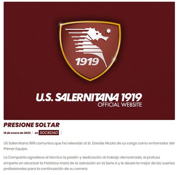 Salernitana despidió al técnico Davide Nicola con este comunicado (Foto: @OfficialUSS1919).