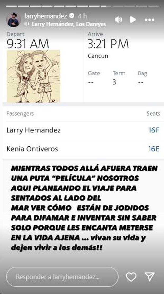 El cantante Larry Hernández demuestra que está bien con su esposa al publicar un boleto de avión rumbo a Cancún (Foto: Larry Hernández / Instagram)