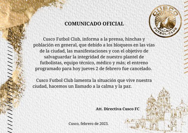 Comunicado de Cusco FC tras cancelar su entrenamiento del jueves. (Imagen: Cusco FC)