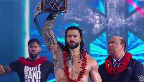 Roman Reigns retuvo su Campeonato Universal de WWE al enfrentarse en una triple amenaza a Daniel Bryan y Edge en el evento estelar de WrestleMania 37. | Crédito: WWE