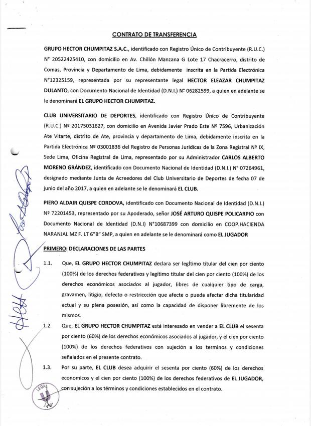 El documento que subió a sus redes Franco Velasco, director legal crema, por el caso de Piero Quispe.