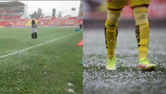 Lluvia de granizo antes del Necaxa vs. Toluca de la Liga MX. (Foto: ESPN / Necaxa)