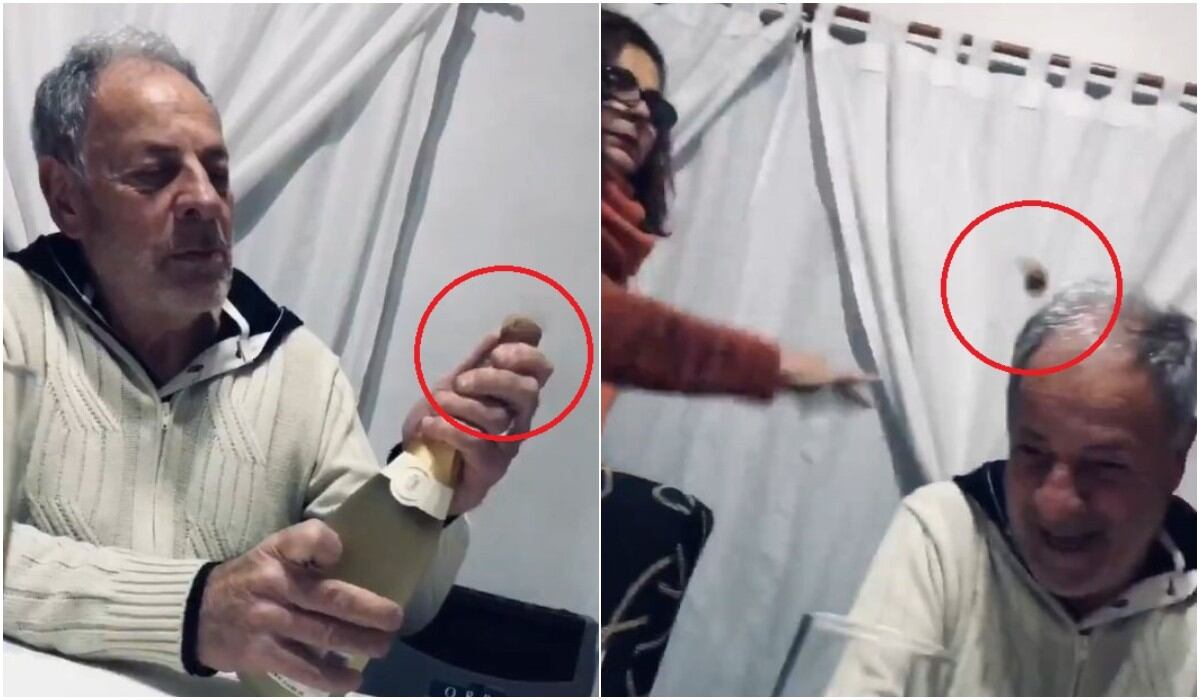 Hombre descorchó mal un champán y su esposa le tiró el corcho en la cabeza. (Captura/Twitter)