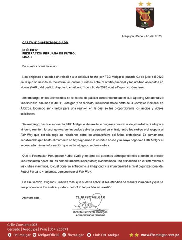 La carta de Melgar a la Federación Peruana de Fútbol. (Foto: Melgar)