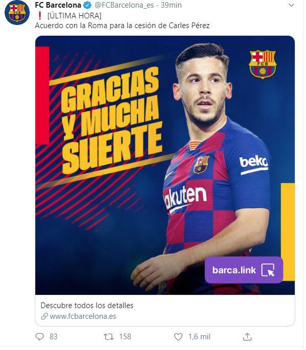 Barcelona anuncia cesión de Carles Pérez a la Roma.
