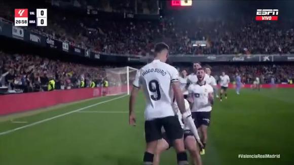 Hugo Duro hizo el 1-0 del partido entre Valencia vs. Real Madrid, por la fecha 27 de LaLiga de España. (Video: ESPN)