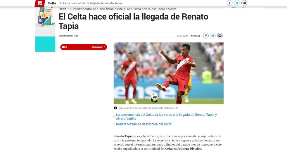 Así informó la prensa extranjera el fichaje de Tapia por Celta de Vigo (Captura)