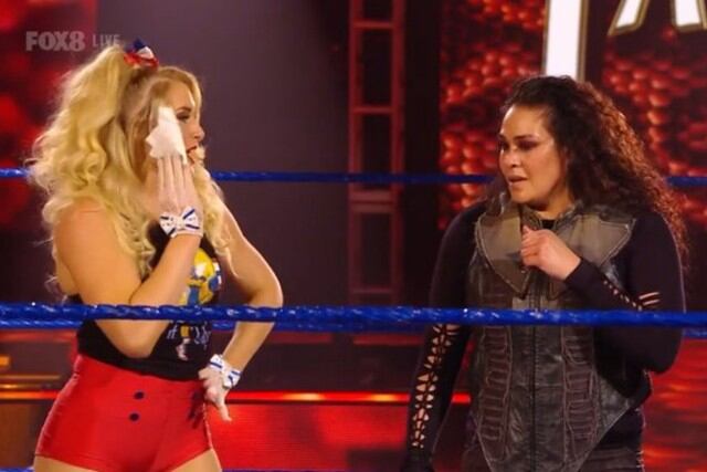 Tamina venció a Sasha Banks y ganó la oportunidad de enfrentar a Bayley por el título femenino de SmackDown. Durante el combate, Lacey Evans se metió, pues Bayley estaba ayudando a Banks. (Foto: WWE)