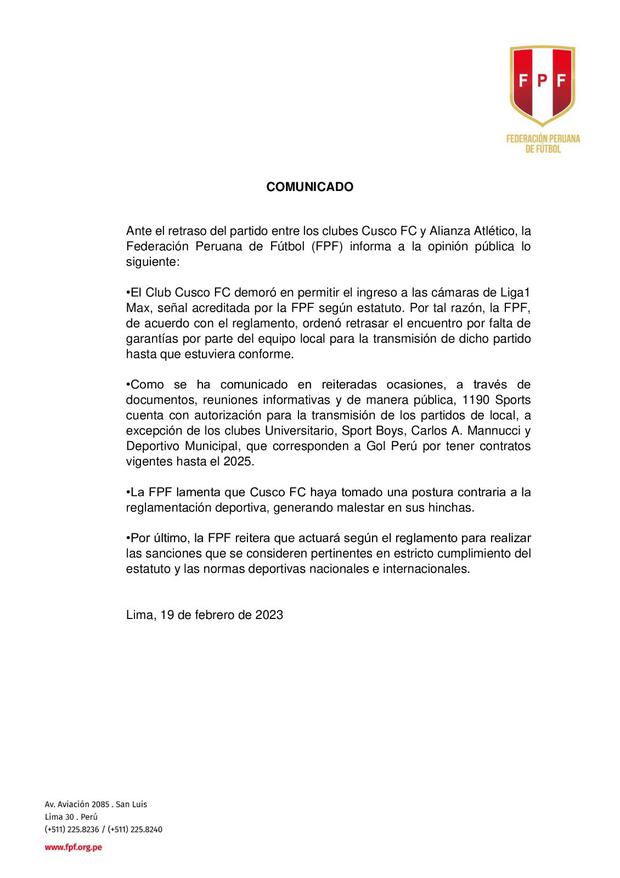 FPF y la decisión tras partido de Cusco FC.