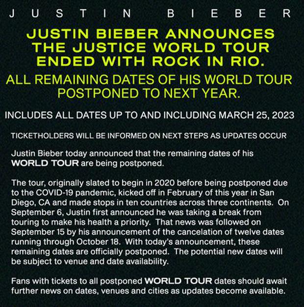 Justin Bieber cancela todos sus conciertos hasta enero. (Foto: Captura)