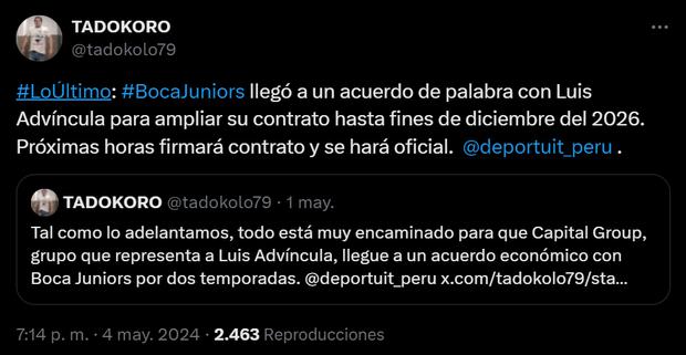 Luis Advíncula renovó con Boca Juniors. (Foto: Captura Twitter)
