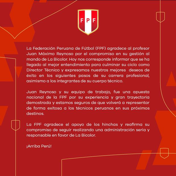 El comunicado de la FPF sobre la salida de Juan Reynoso. (Foto: FPF)