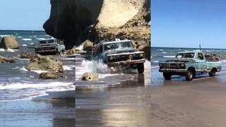 ¡Un verdadero todo terreno! Pescador sale del mar con su vieja camioneta en increíble video viral
