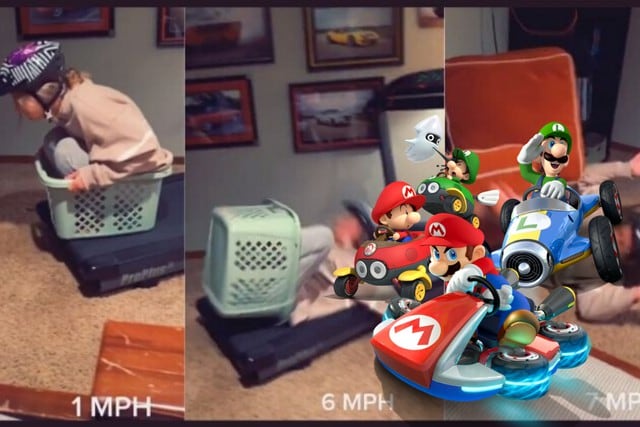 Esta fanática de Mario Kart recreó uno de los circuitos del popular videojuego en casa con la ayuda de un cesto de ropa y una caminadora. (Fotos: jesse_ring en TikTok)