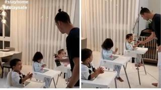 Para evitar el coronavirus: Cristiano Ronaldo enseñó a sus hijos a desinfectarse las manos [VIDEO]