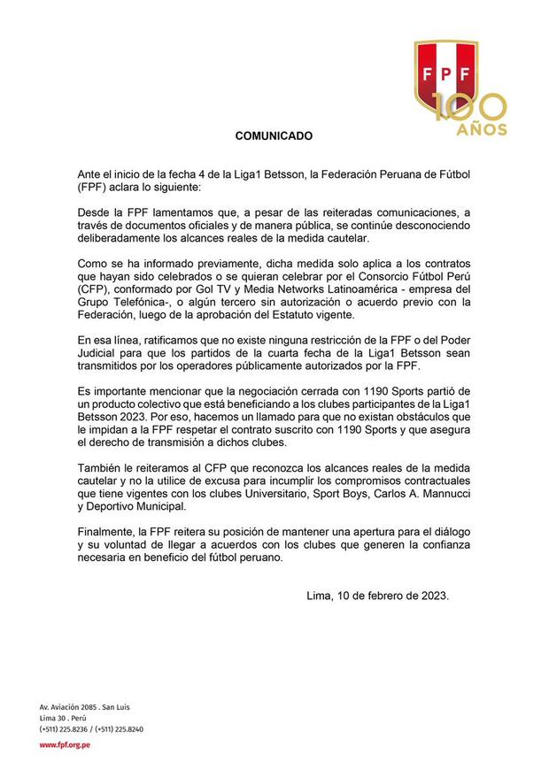 El comunicado de la FPF sobre la transmisión de los partidos de la fecha 4. (Imagen: FPF)