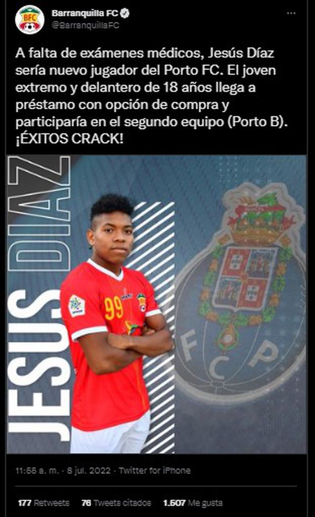 Jesús Díaz primero pertenecerá a la filial del Porto. (Foto: Captura del Barranquilla FC)
