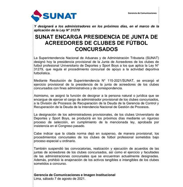 SUNAT nombrará nuevos administradores en Universitario y Sport Boys.