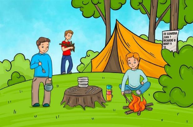 Locate the mistake in the image of the campsite among friends in the visual challenge.  (Diffusion)