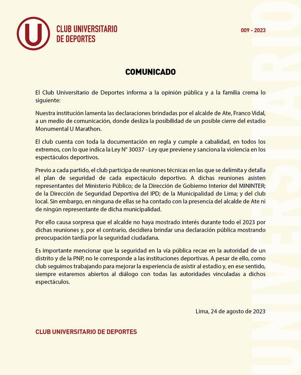 La postura de Universitario ante posible cierre del Monumental.