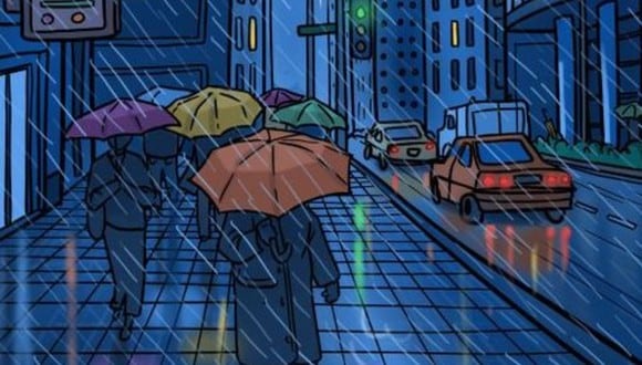 Todos corren para escapar de la lluvia, pero alguien olvidó un paraguas que tú debes encontrar. (Foto; Genial Gurú)