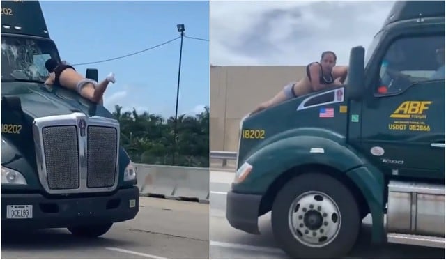 Es viral: hombre se colgó del parabrisas de un camión e imágenes son tendencia. (Foto: Captura)
