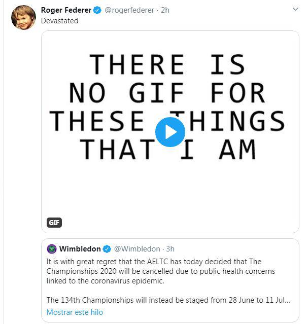 Reacción de Roger Federer tras la cancelación de Wimbledon 2020. (Twitter)