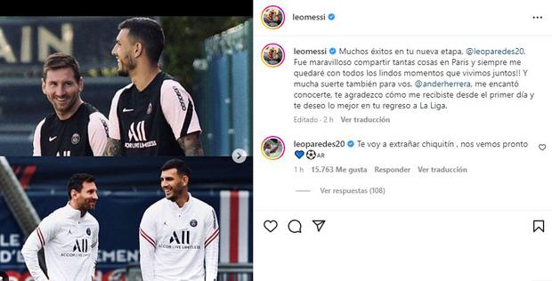 Mensaje de despedida de Lionel Messi a Leandro Paredes.  (Foto: Instagram)