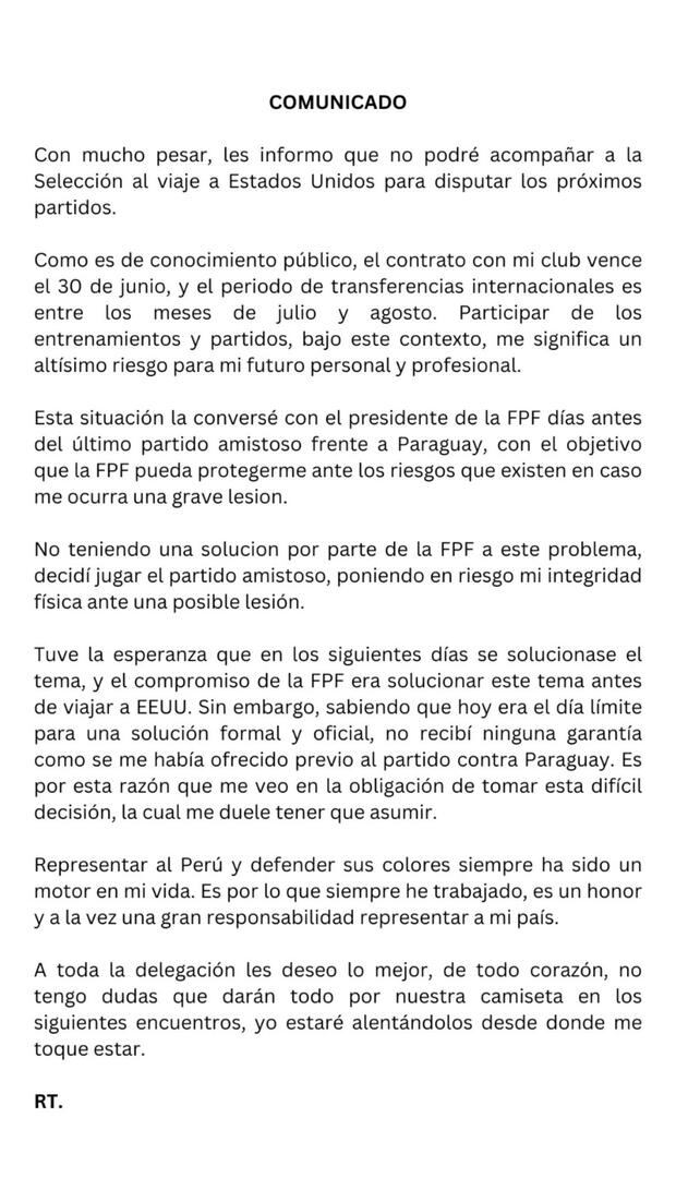 No tuvo respaldo de FPF: Renato Tapia explicó por qué no viajó a Estados Unidos.