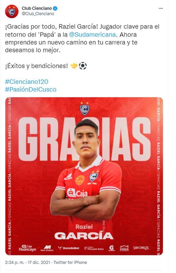 Cienciano del Cusco destacó que el volante fue fundamental para que el equipo logre clasificar a la Copa Sudamericana 2022. “¡Gracias por todo, Raziel García!”, publicó el ‘Papá'.