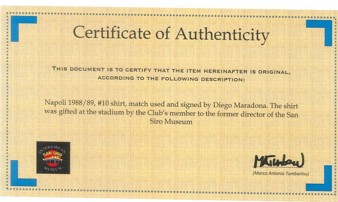 Certificado de autenticidad de la camiseta del Pelusa