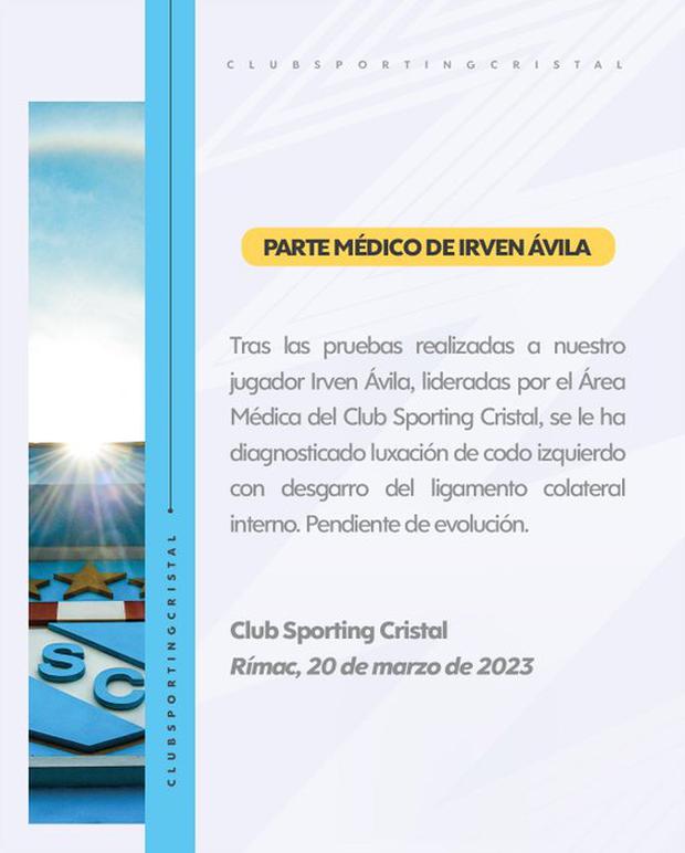 Sporting Cristal publicó el parte médico de Irven Ávila. (Foto: Prensa SC)