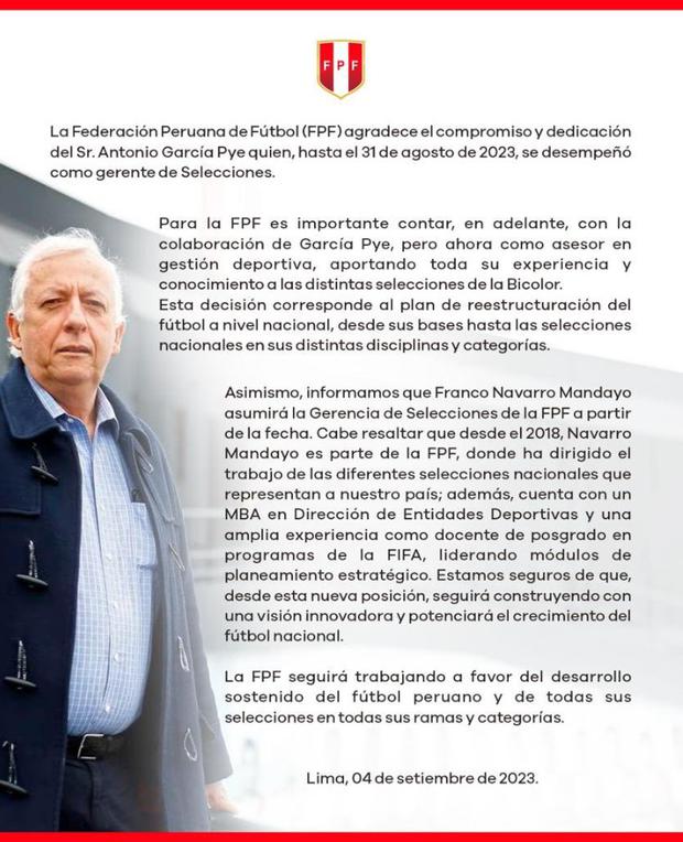 Antonio García Pye asumirá como asesor en gestión deportiva en la FPF. (Foto: @TuFPF)