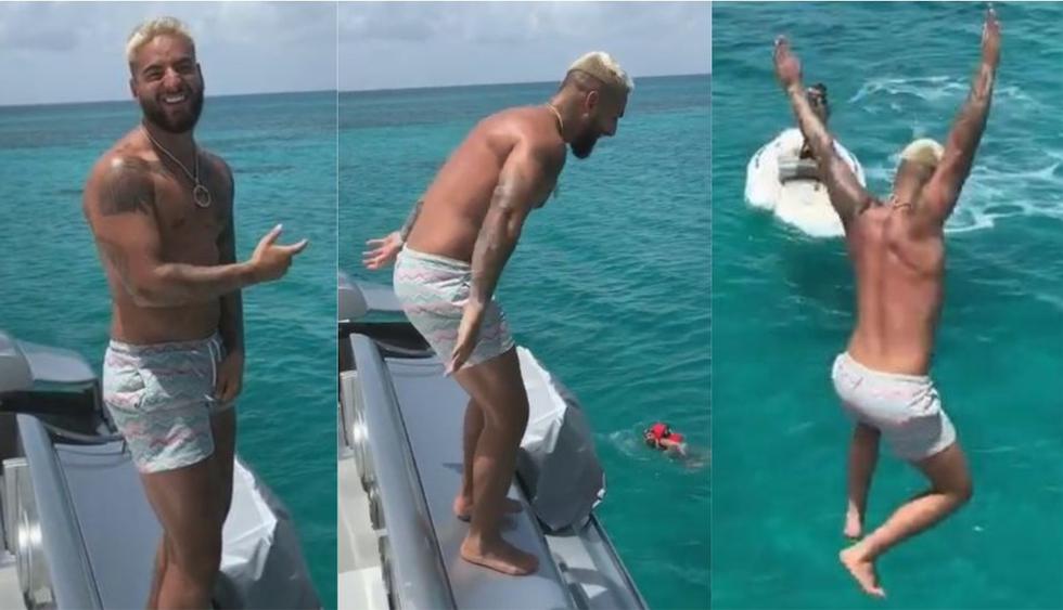 Maluma y su atrevido clavado desde lo más alto de un yate. (Foto: Captura de video)