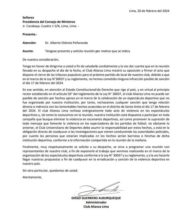 Carta de Alianza Lima enviado al Premier Alberto Otárola. (Foto: @Tito_Ordonez6)