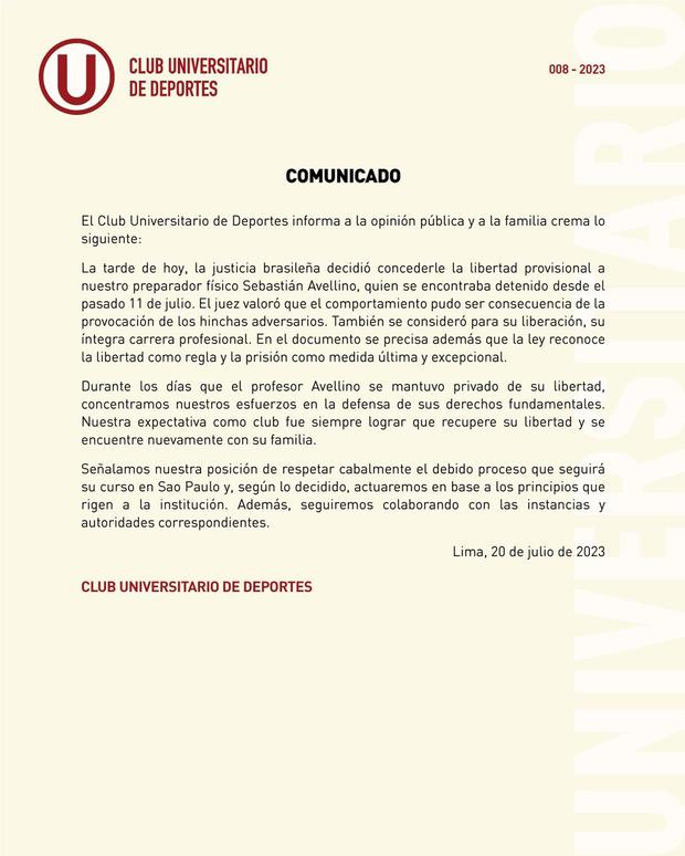 El comunicado de Universitario de Deportes. (Foto: Prensa Universitario)
