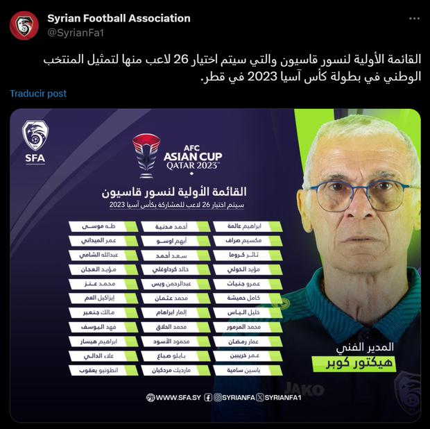 Lista preliminar de la Selección de Siria, rumbo a la Copa de Asia. (Foto: Twitter)