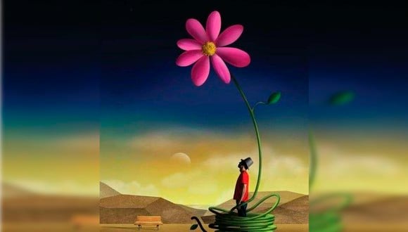 En la imagen del test visual se aprecia una flor, un hombre y una banca en medio del desierto.| Foto: chedonna