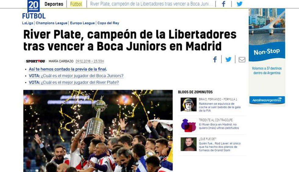 River Plate vs. Boca Juniors: Así informaron los medios del mundo la final de la Libertadores. (Captura: 20 Minutos)