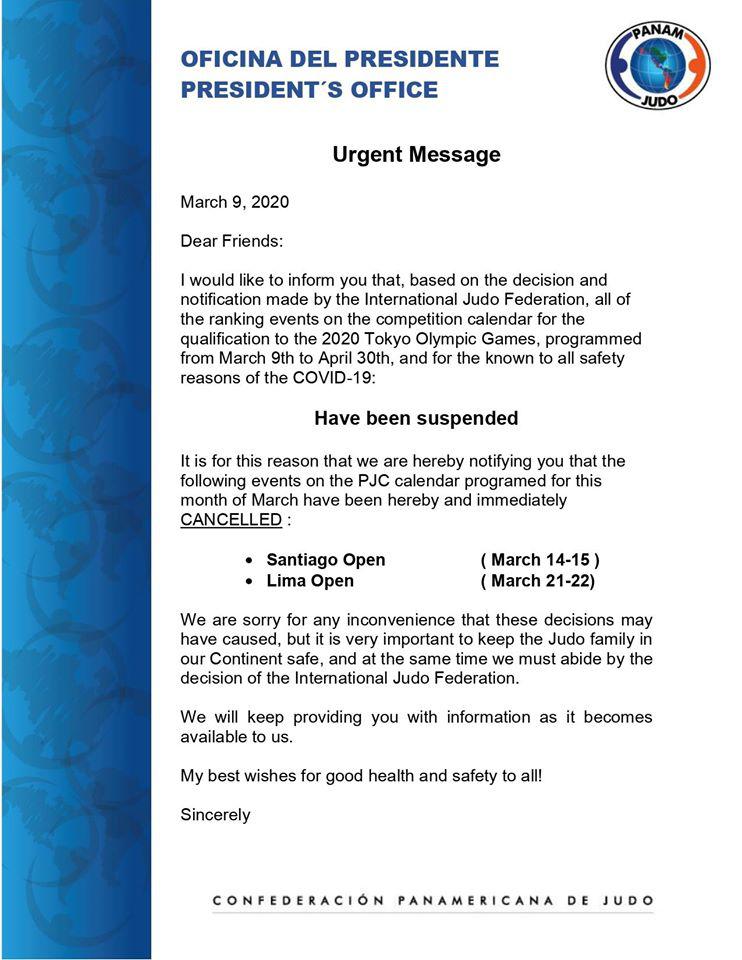 Comunicado de la Confederación Panamericana de Judo.