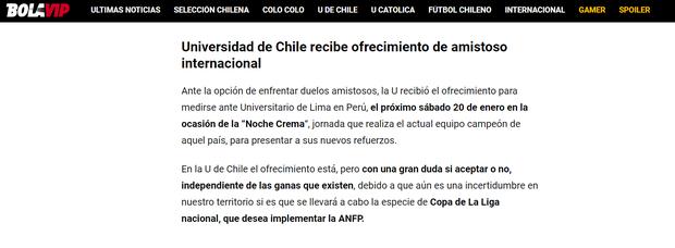 Medios chilenos informan que U. de Chile recibió invitación para la Noche Crema.